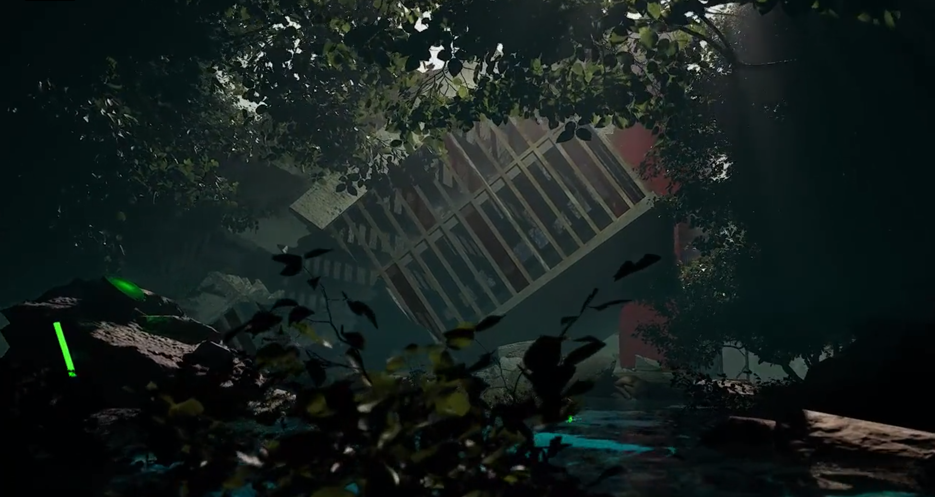 Still 03 aerial view, structural skeleton reclaimed by overgrowth